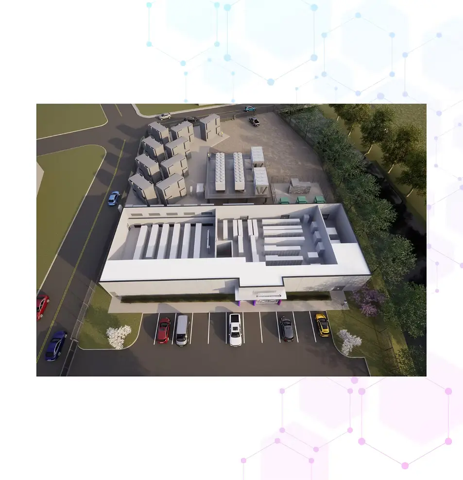 Aerial architectural visualization of a Gray Wolf data center with server halls, exterior equipment, and parking