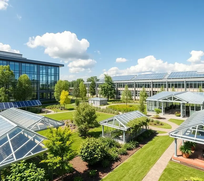 Modern campus-style development with solar roofs, glass buildings, and integrated greenhouses and landscaping under a bright sky