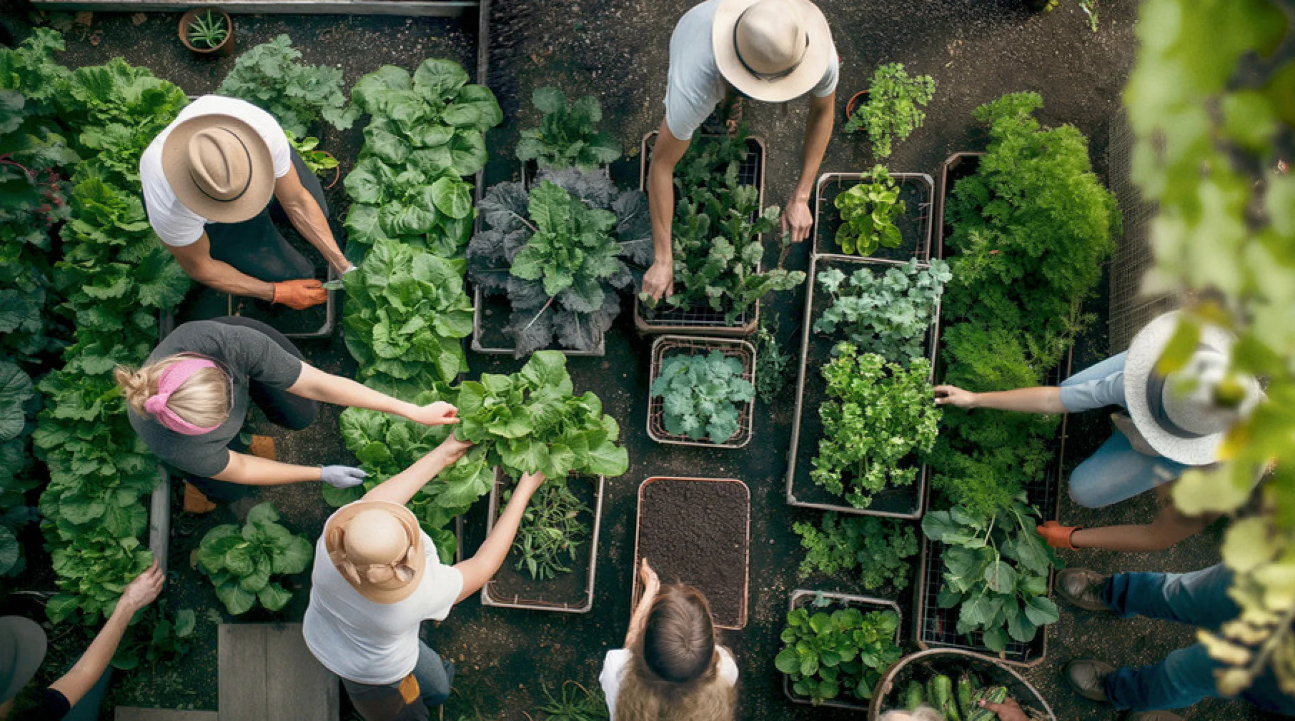 Overhead view of people tending raised planting beds in a community garden