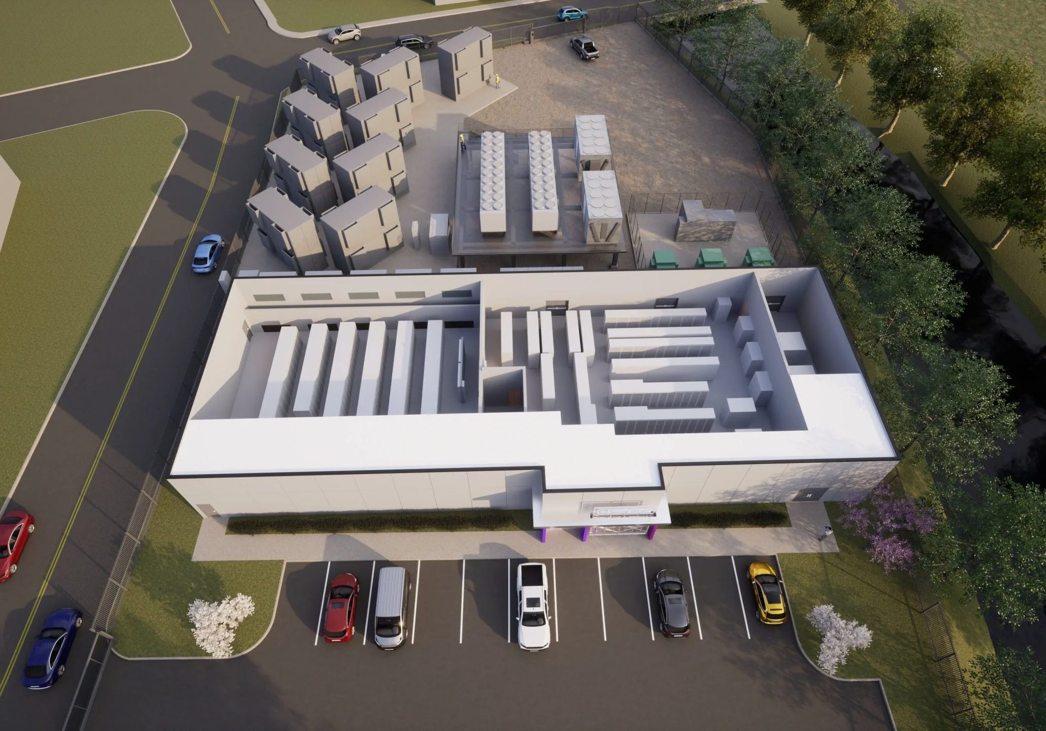 Aerial rendering of a Gray Wolf data center facility with rooftop cooling, power equipment, and parking