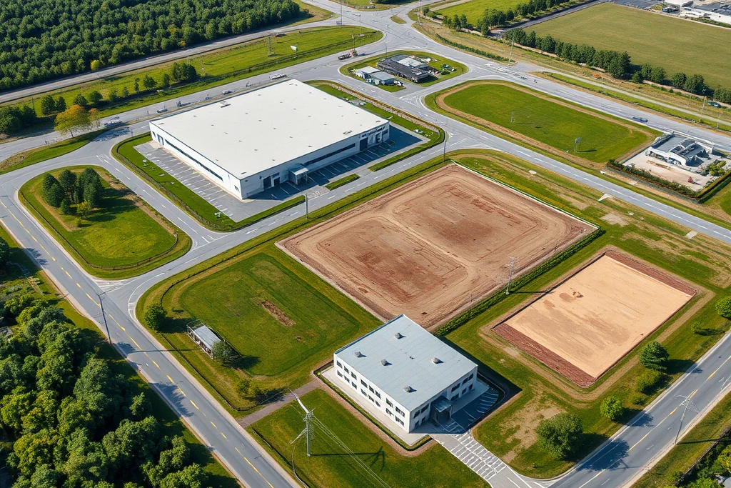 Aerial view of a permitted industrial site with graded building pads ready for construction