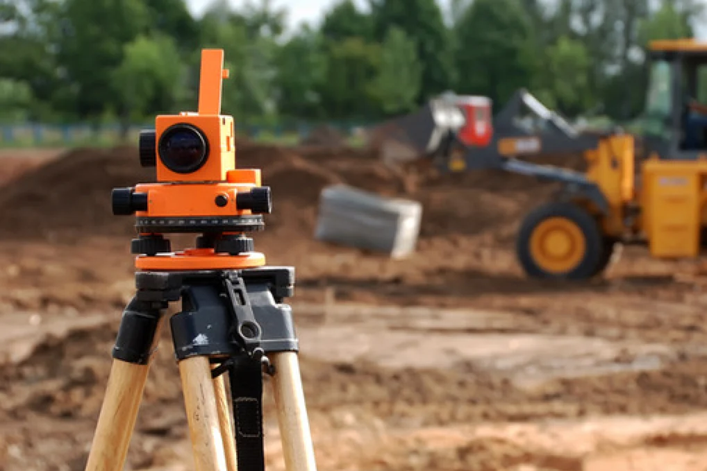 Survey level on a tripod at a construction site where land is being graded for development